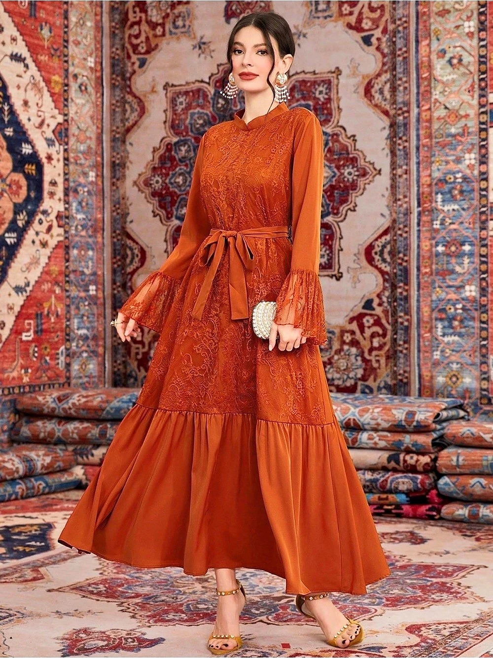 Elenzya Women's Contrast Lace Stand Collar Fitted Elegant Dress Orange
